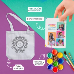 Tarjeta de celebración + kit con bolsa ecológica, pinturas y pinceles para pintar un lindo mándala